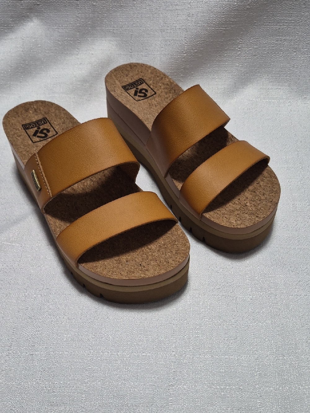 USTOGI Tan Double Strap Cork Platform Slide Sandals Womens Size 7